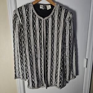 VTG Carina Silk Sequin Beaded Blazer Size Lg Silver Black White Evening Jacket